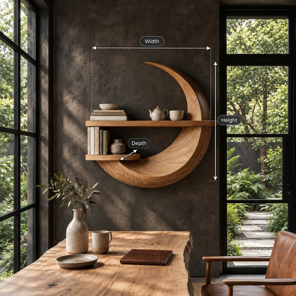 Crescent Moon Wall Shelf, Carved Solid Wood Floating Shelf with Two Display Ledges for Home Office