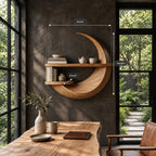 Crescent Moon Wall Shelf, Carved Solid Wood Floating Shelf with Two Display Ledges for Home Office