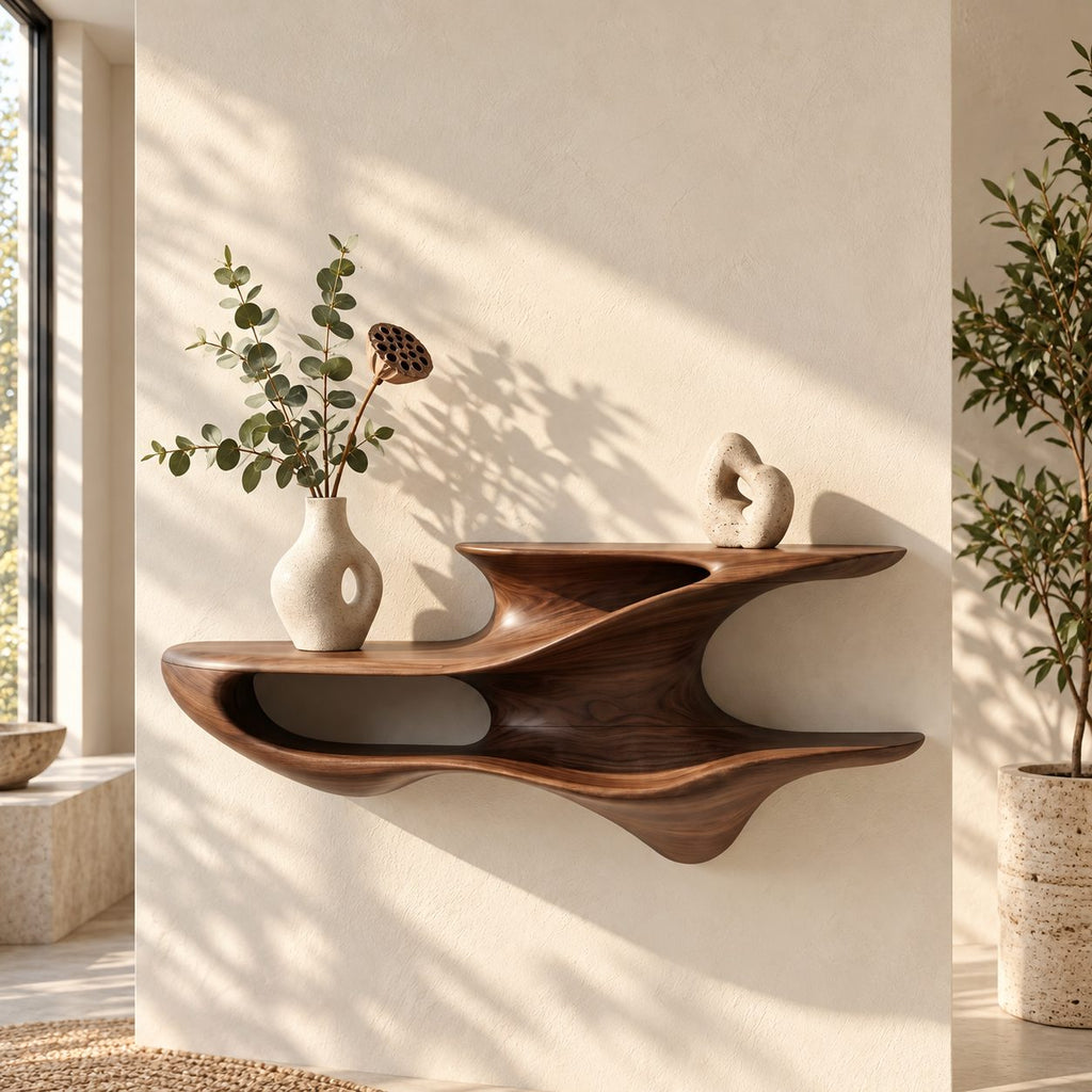 Sculpted Floating Nightstand Shelf, Two Tier Organic Solid Wood Wall Shelf with Open Cubby for Bedroom