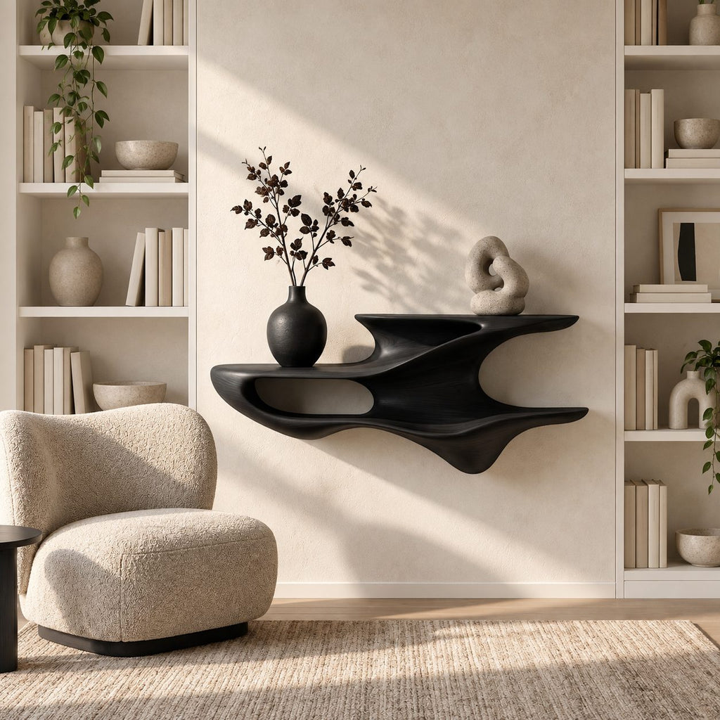 Sculpted Floating Nightstand Shelf, Two Tier Organic Solid Wood Wall Shelf with Open Cubby for Bedroom