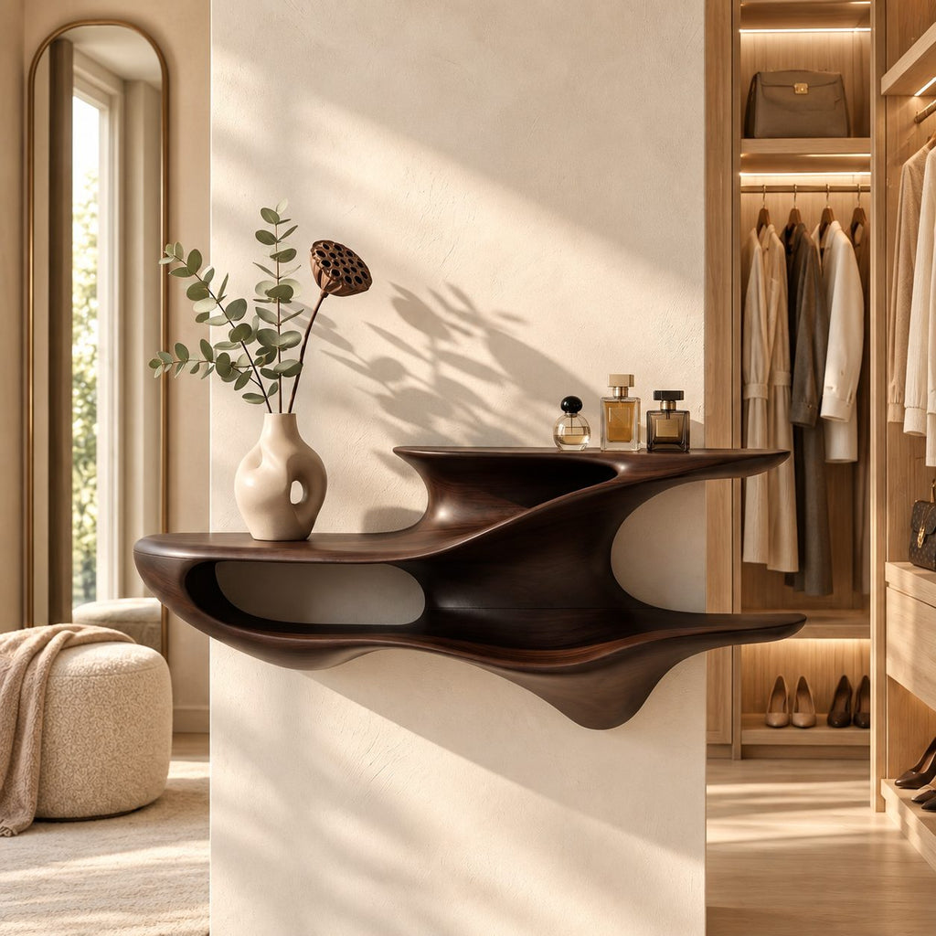 Sculpted Floating Nightstand Shelf, Two Tier Organic Solid Wood Wall Shelf with Open Cubby for Bedroom