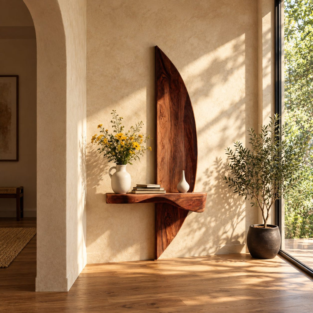 Sail Panel Floating Shelf, Tall Curved Solid Wood Wall Panel with Live Edge Ledge for Entryway