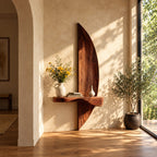 Sail Panel Floating Shelf, Tall Curved Solid Wood Wall Panel with Live Edge Ledge for Entryway