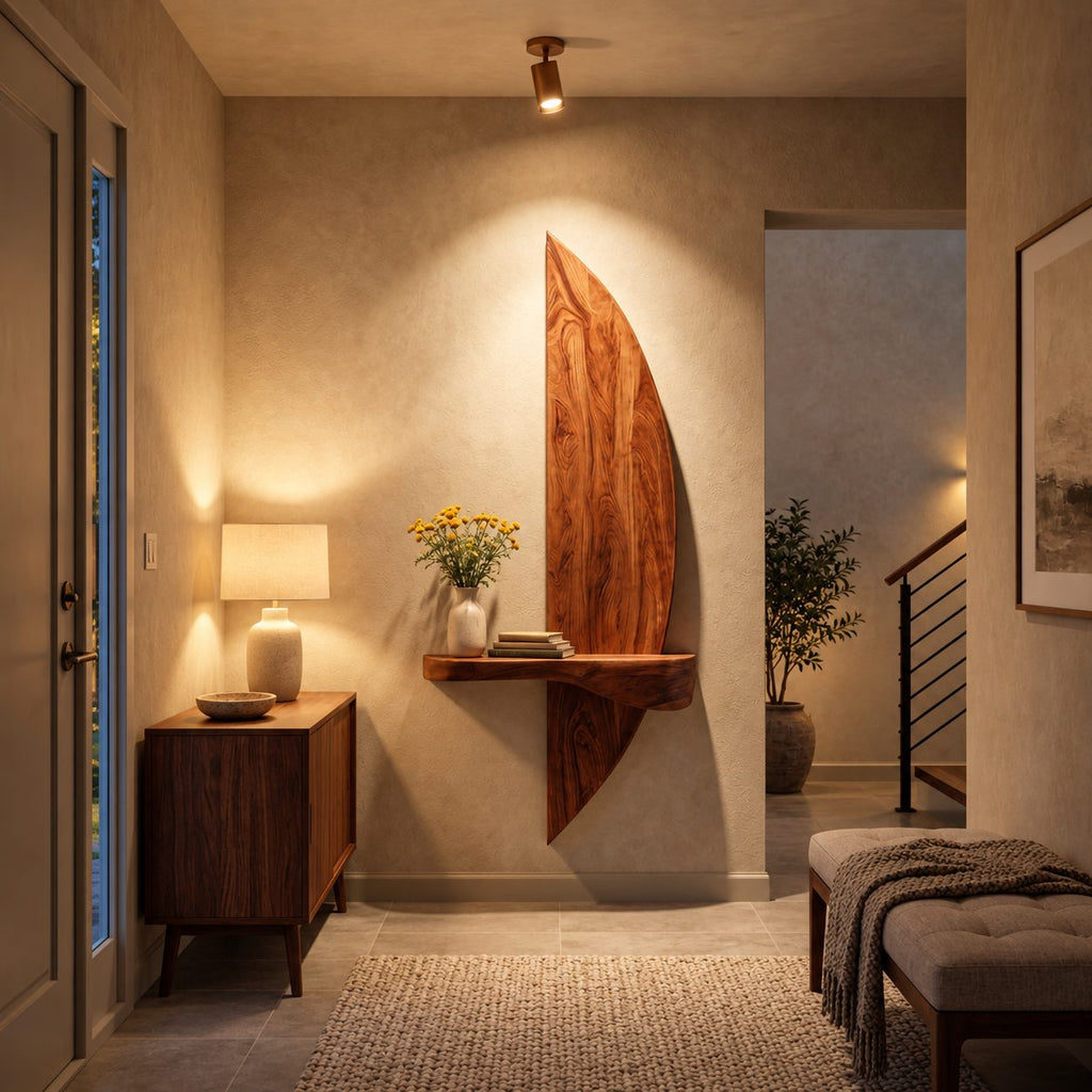 Sail Panel Floating Shelf, Tall Curved Solid Wood Wall Panel with Live Edge Ledge for Entryway