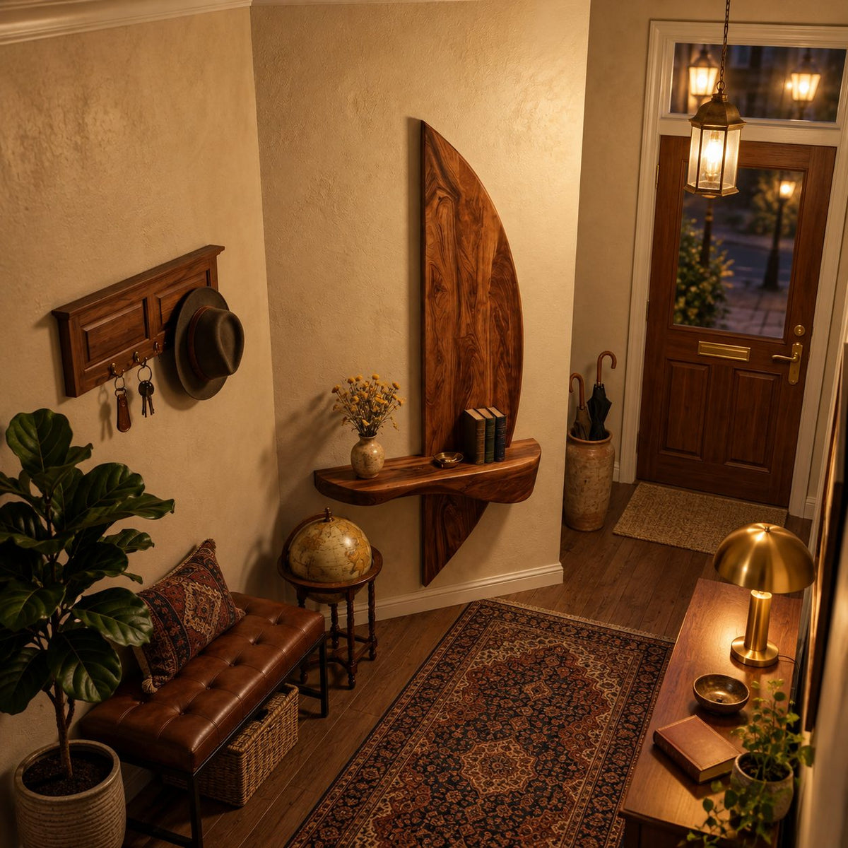 Sail Panel Floating Shelf, Tall Curved Solid Wood Wall Panel with Live Edge Ledge for Entryway