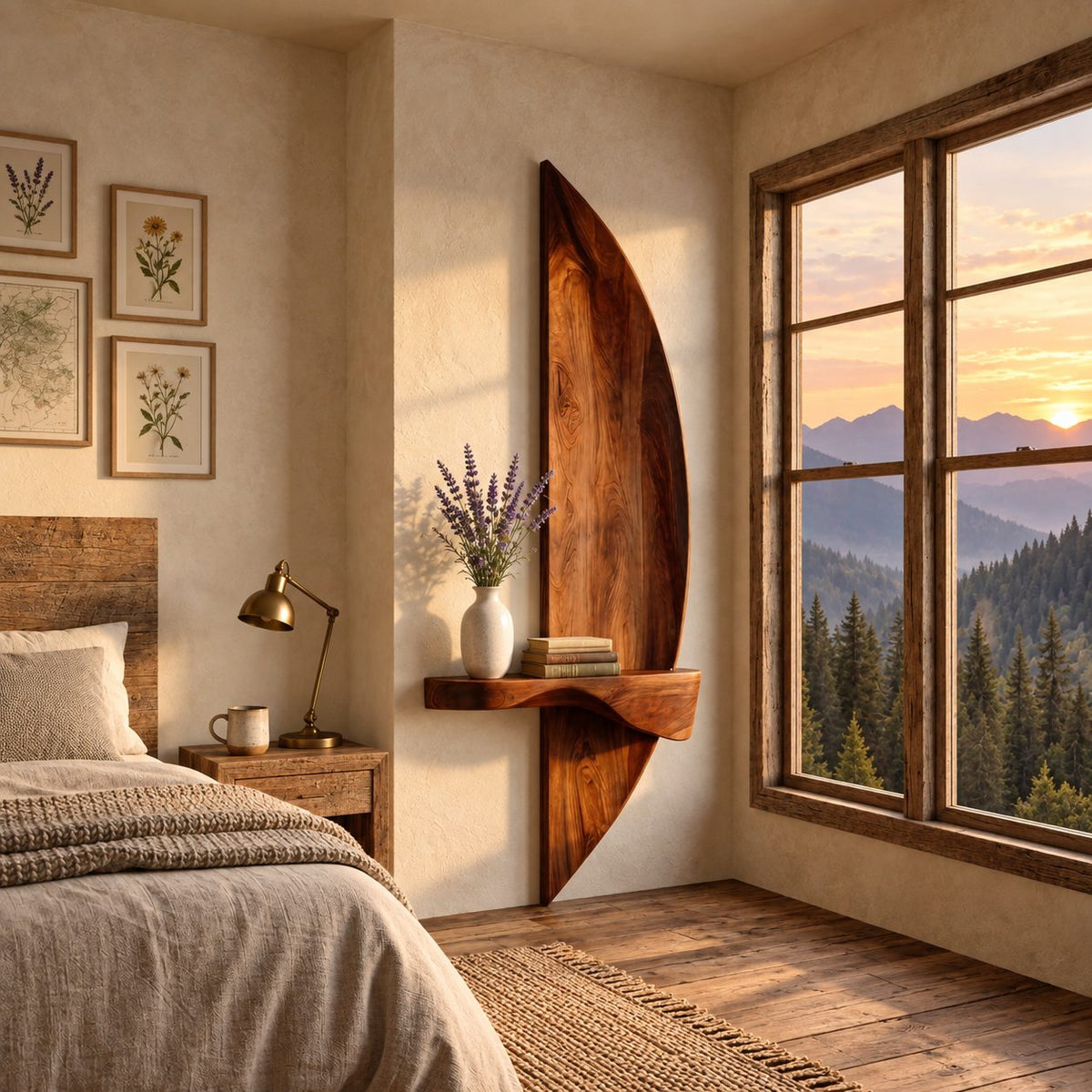 Sail Panel Floating Shelf, Tall Curved Solid Wood Wall Panel with Live Edge Ledge for Entryway