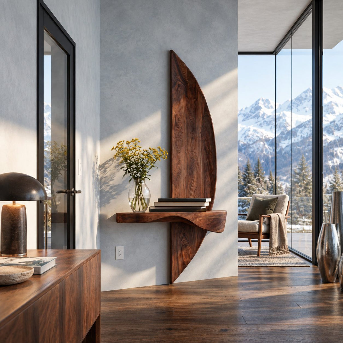 Sail Panel Floating Shelf, Tall Curved Solid Wood Wall Panel with Live Edge Ledge for Entryway