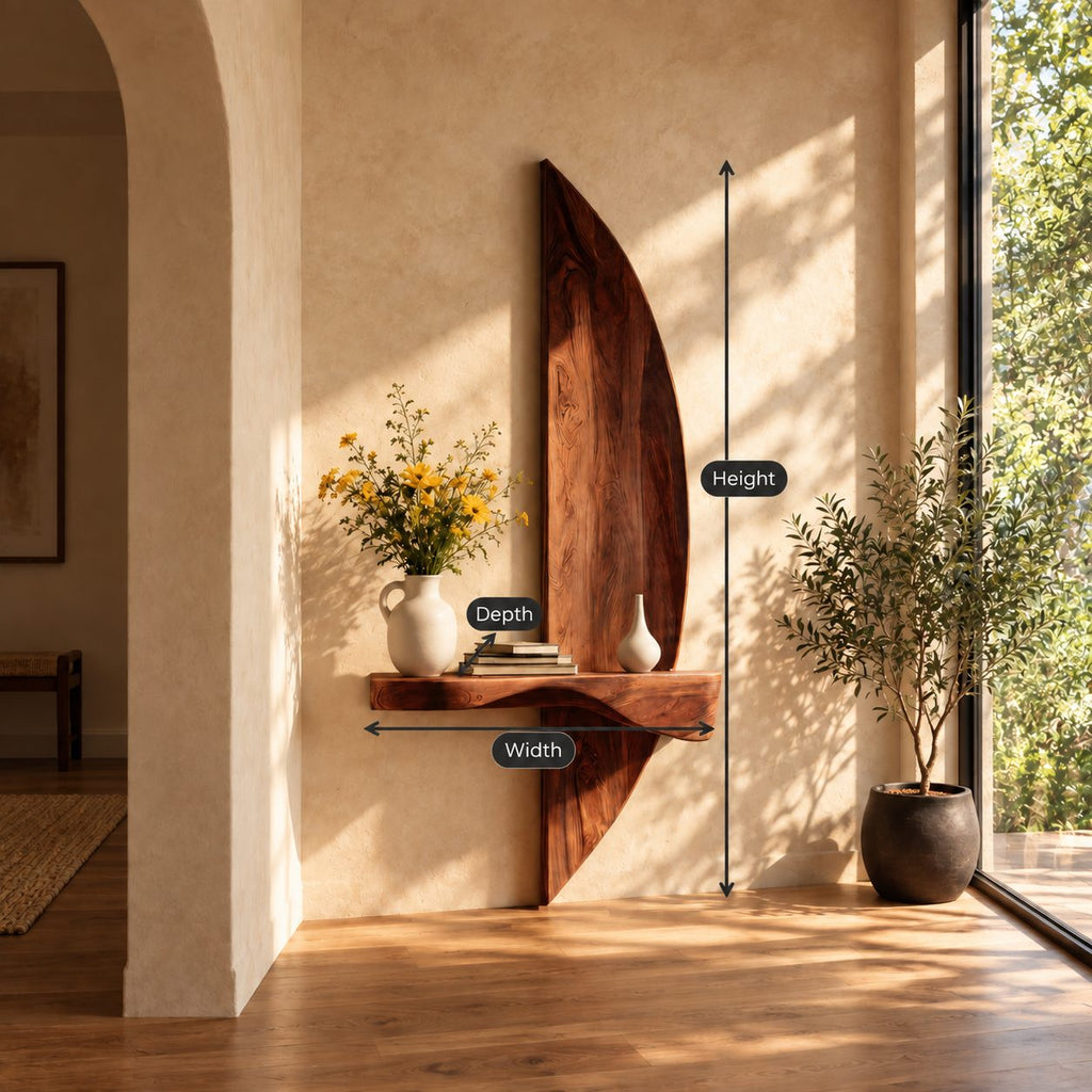 Sail Panel Floating Shelf, Tall Curved Solid Wood Wall Panel with Live Edge Ledge for Entryway