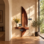 Sail Panel Floating Shelf, Tall Curved Solid Wood Wall Panel with Live Edge Ledge for Entryway