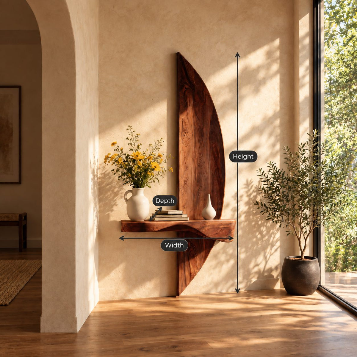 Sail Panel Floating Shelf, Tall Curved Solid Wood Wall Panel with Live Edge Ledge for Entryway