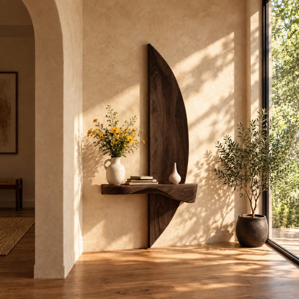 Sail Panel Floating Shelf, Tall Curved Solid Wood Wall Panel with Live Edge Ledge for Entryway
