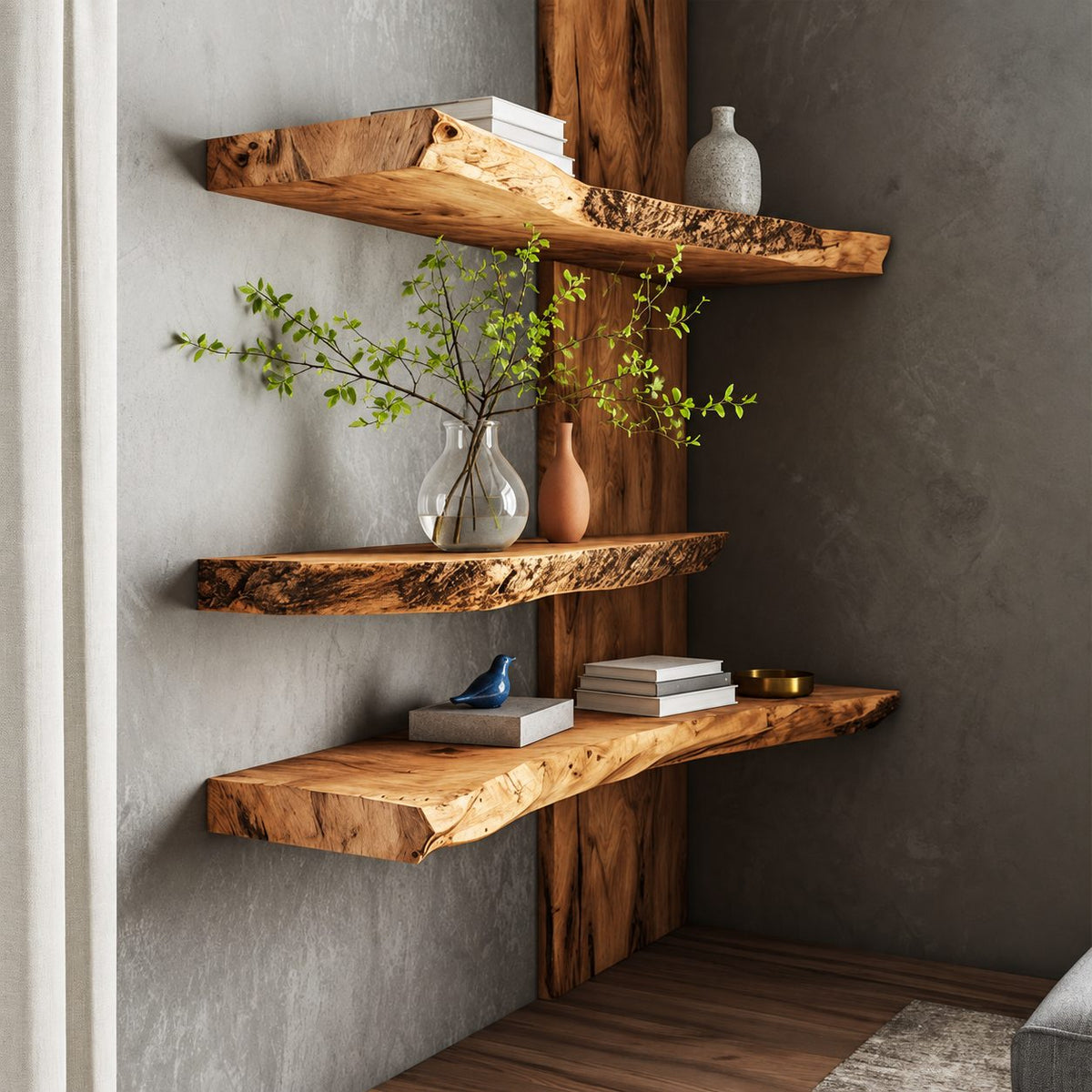 Live Edge Floating Shelf, Rustic Solid Wood Wall Shelf with Rough-Cut Natural Edge for Any Room