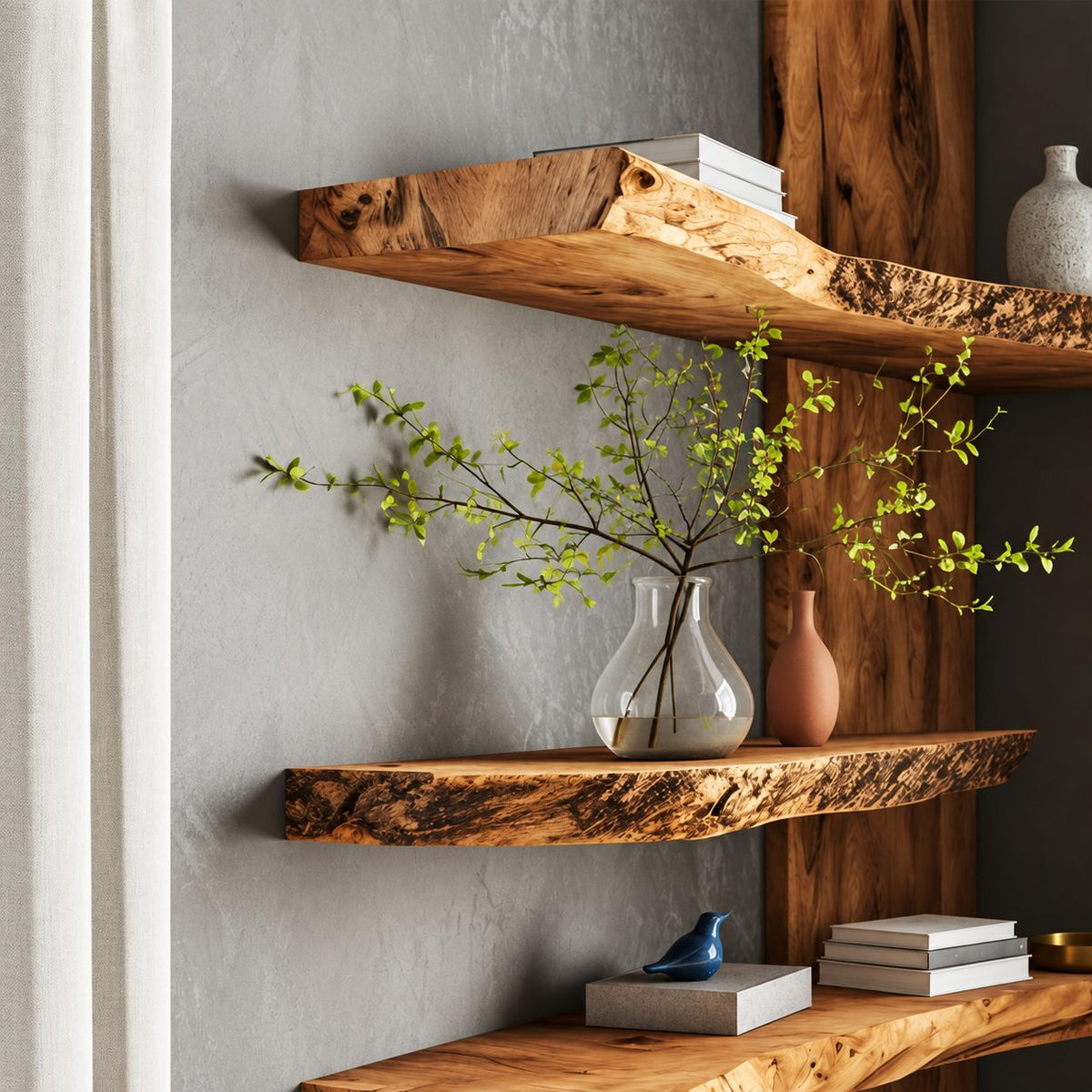 Live Edge Floating Shelf, Rustic Solid Wood Wall Shelf with Rough-Cut Natural Edge for Any Room