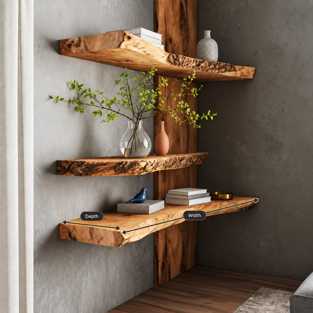 Live Edge Floating Shelf, Rustic Solid Wood Wall Shelf with Rough-Cut Natural Edge for Any Room