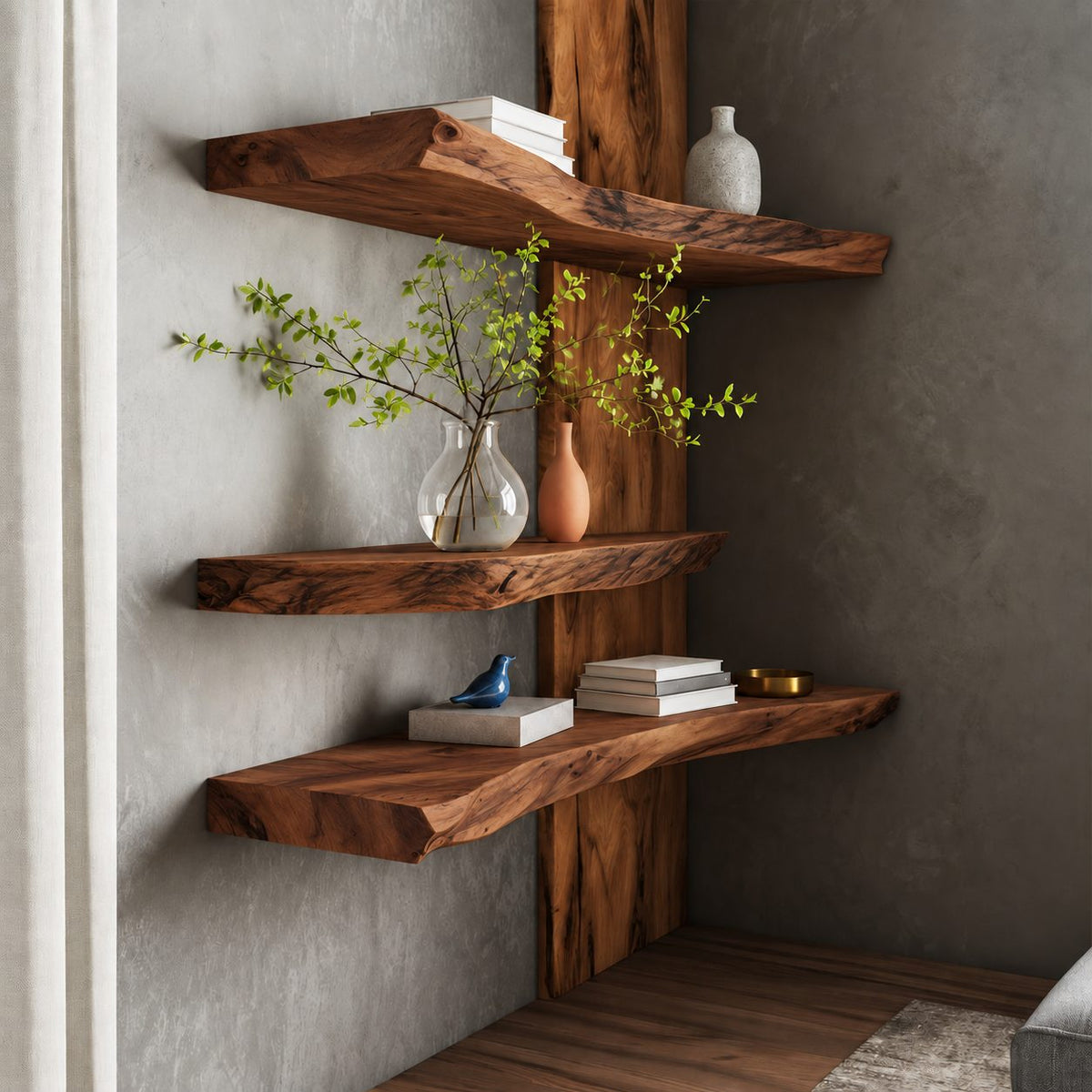 Live Edge Floating Shelf, Rustic Solid Wood Wall Shelf with Rough-Cut Natural Edge for Any Room