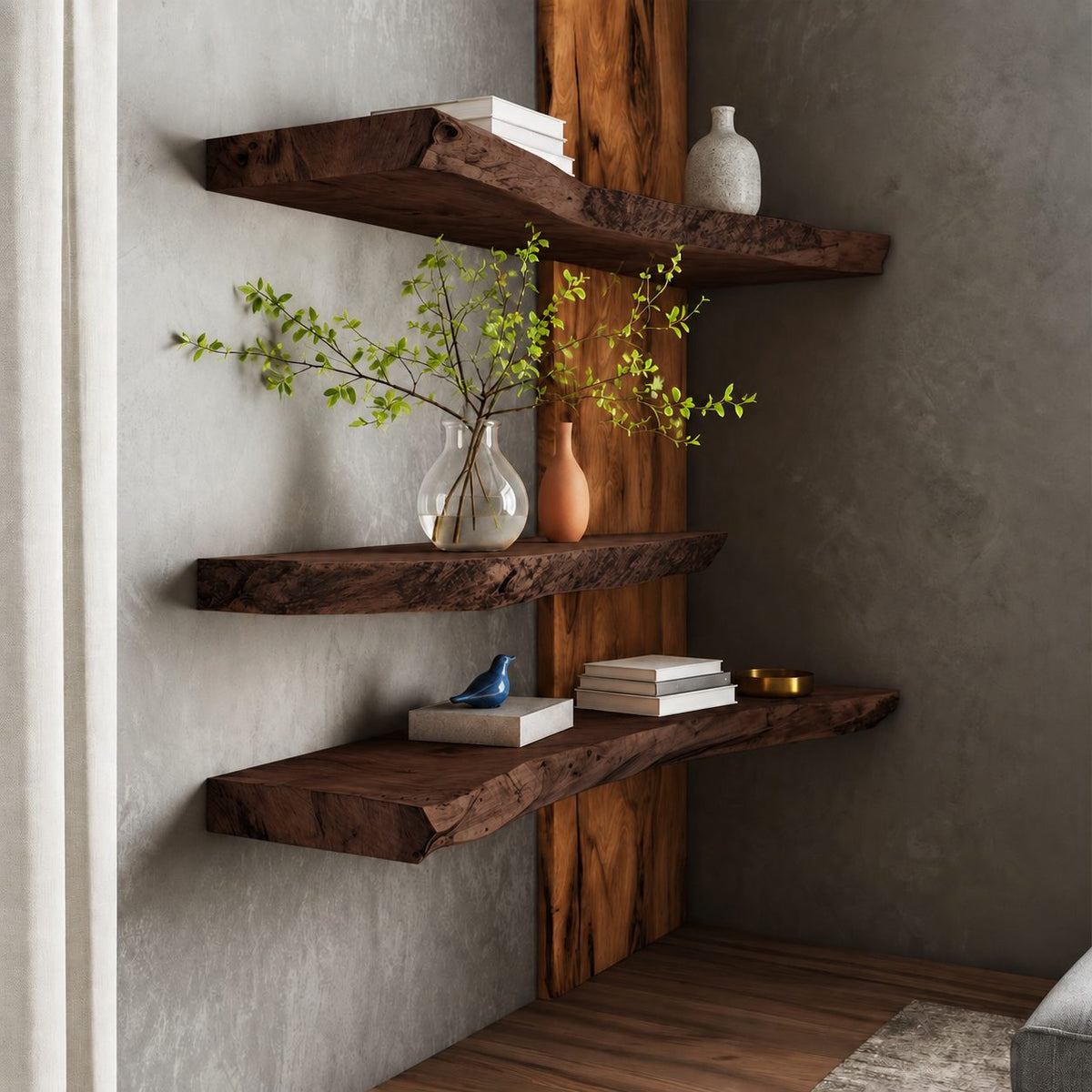 Live Edge Floating Shelf, Rustic Solid Wood Wall Shelf with Rough-Cut Natural Edge for Any Room