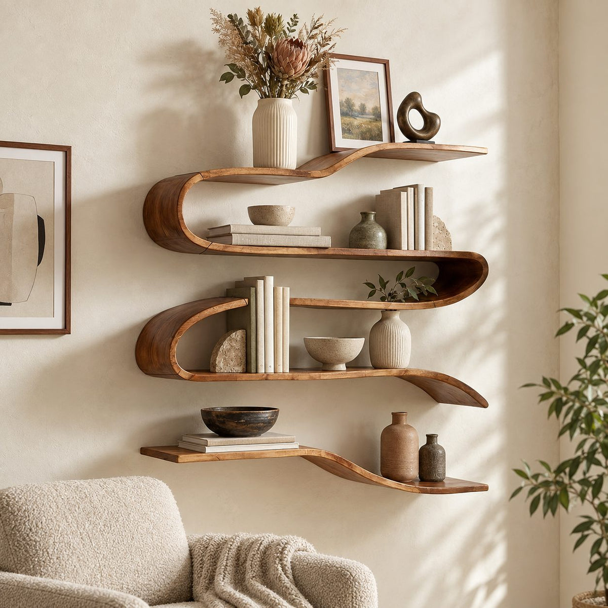 Ribbon Wave Wall Shelf, Bent Solid Wood S-Curve Floating Shelves with Four Levels for Living Room