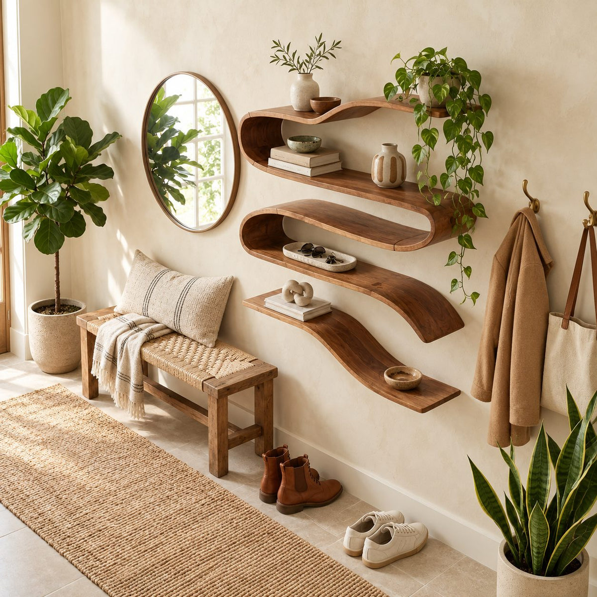 Ribbon Wave Wall Shelf, Bent Solid Wood S-Curve Floating Shelves with Four Levels for Living Room
