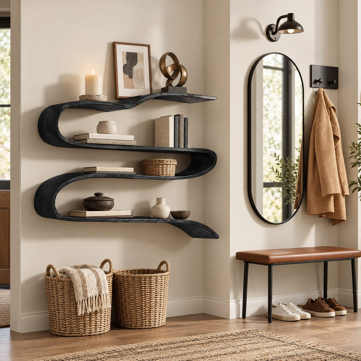 Ribbon Wave Wall Shelf, Bent Solid Wood S-Curve Floating Shelves with Four Levels for Living Room