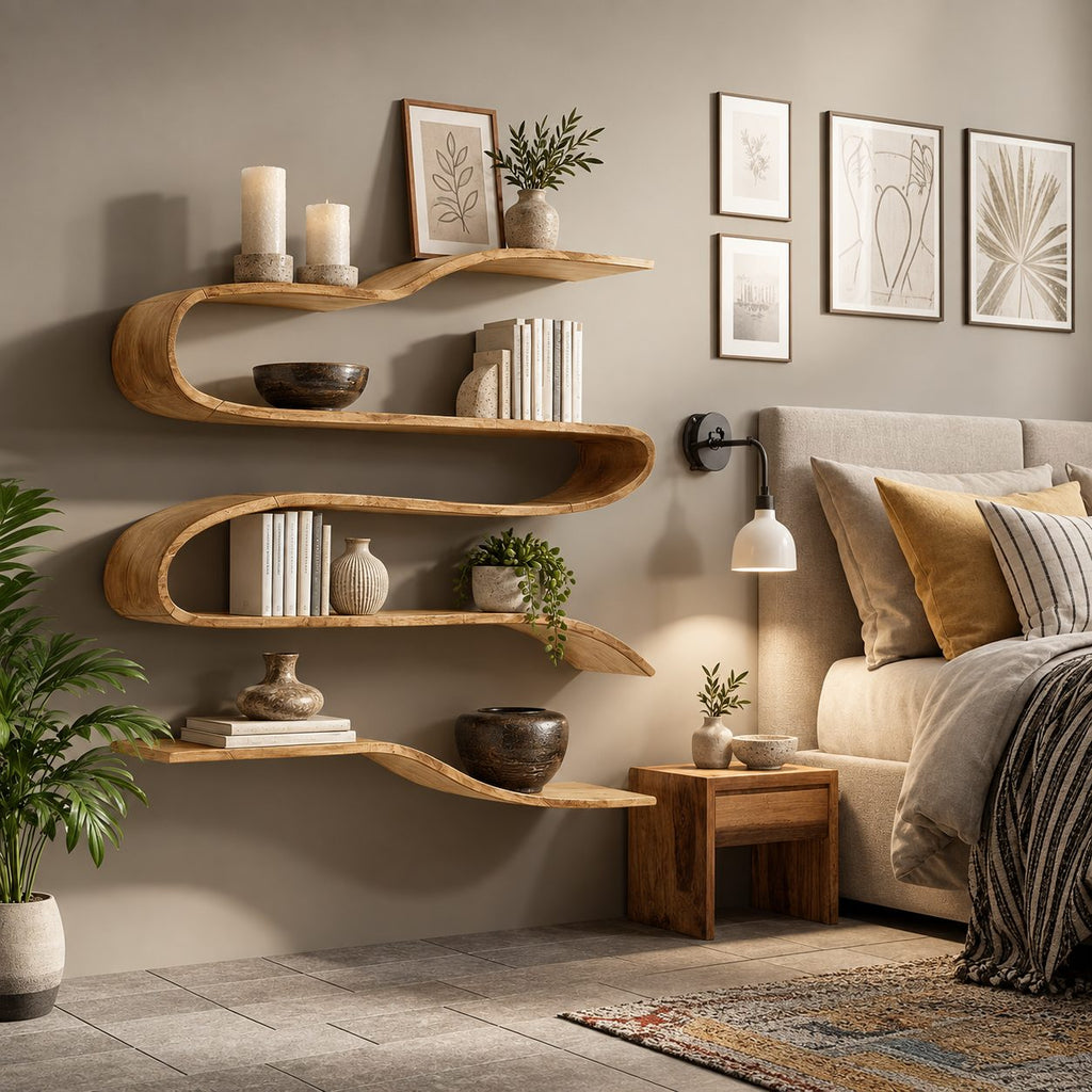Ribbon Wave Wall Shelf, Bent Solid Wood S-Curve Floating Shelves with Four Levels for Living Room