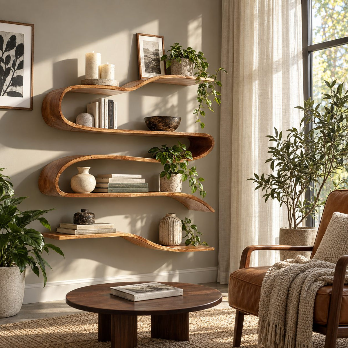 Ribbon Wave Wall Shelf, Bent Solid Wood S-Curve Floating Shelves with Four Levels for Living Room