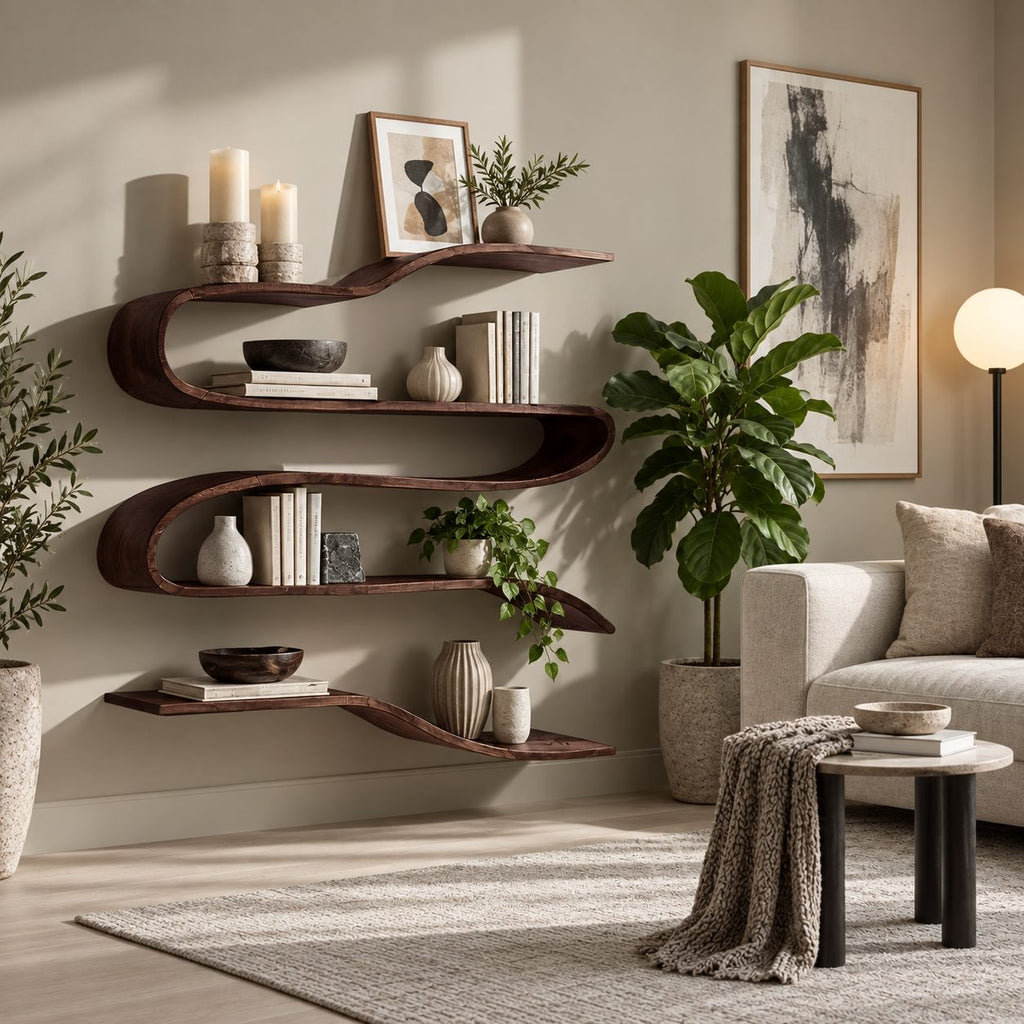 Ribbon Wave Wall Shelf, Bent Solid Wood S-Curve Floating Shelves with Four Levels for Living Room