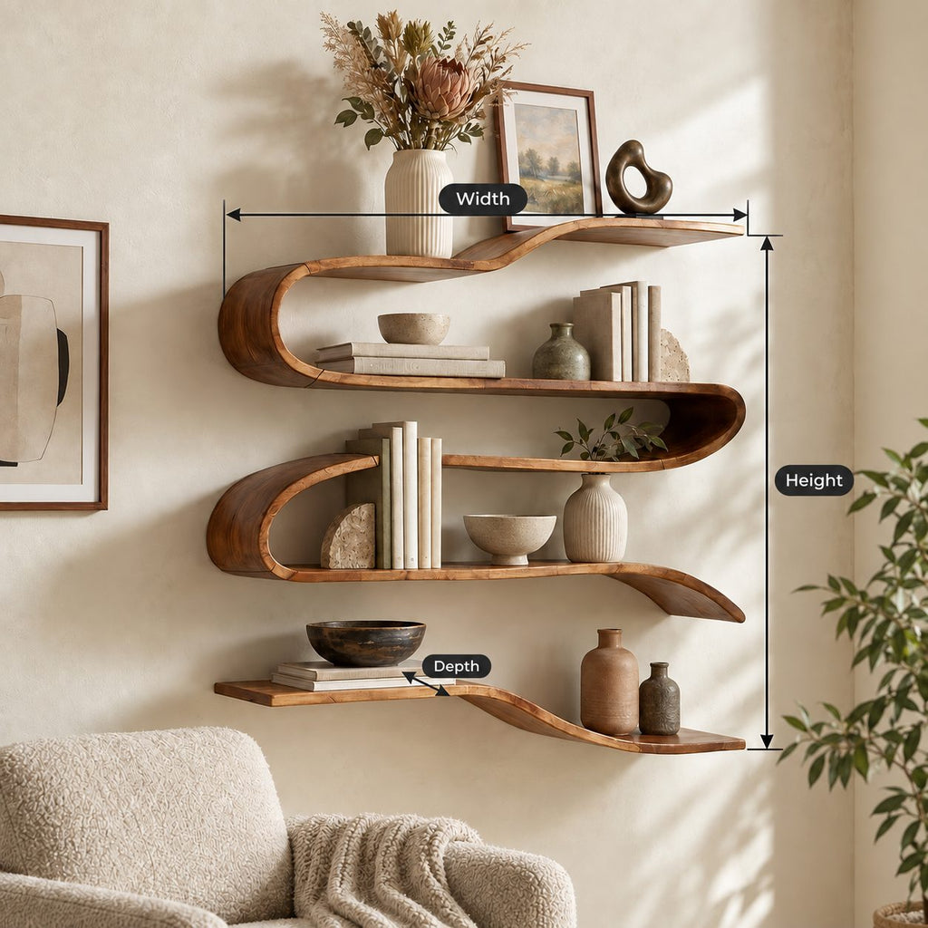 Ribbon Wave Wall Shelf, Bent Solid Wood S-Curve Floating Shelves with Four Levels for Living Room