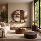 Arched Zen Wall Shelf, Solid Wood Round Frame Display Shelf with Slatted Panel and Long Base Ledge