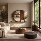 Arched Zen Wall Shelf, Solid Wood Round Frame Display Shelf with Slatted Panel and Long Base Ledge