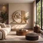 Arched Zen Wall Shelf, Solid Wood Round Frame Display Shelf with Slatted Panel and Long Base Ledge