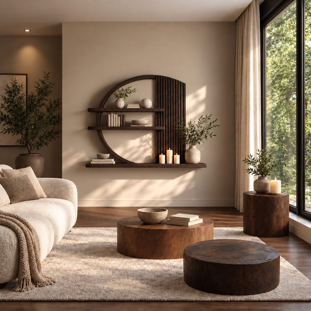 Arched Zen Wall Shelf, Solid Wood Round Frame Display Shelf with Slatted Panel and Long Base Ledge
