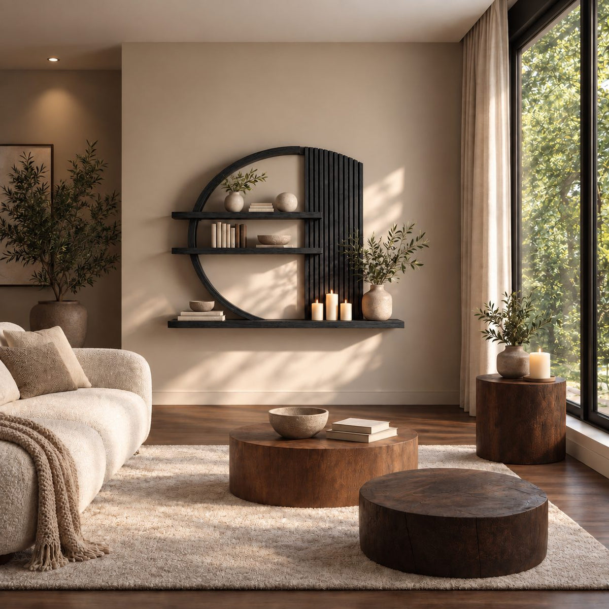 Arched Zen Wall Shelf, Solid Wood Round Frame Display Shelf with Slatted Panel and Long Base Ledge