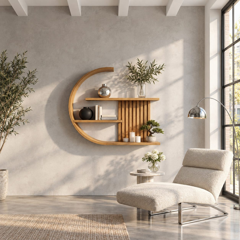 Crescent Moon Wall Shelf, Japandi Solid Wood C Shaped Display Shelf with Slatted Back and Three Shelves