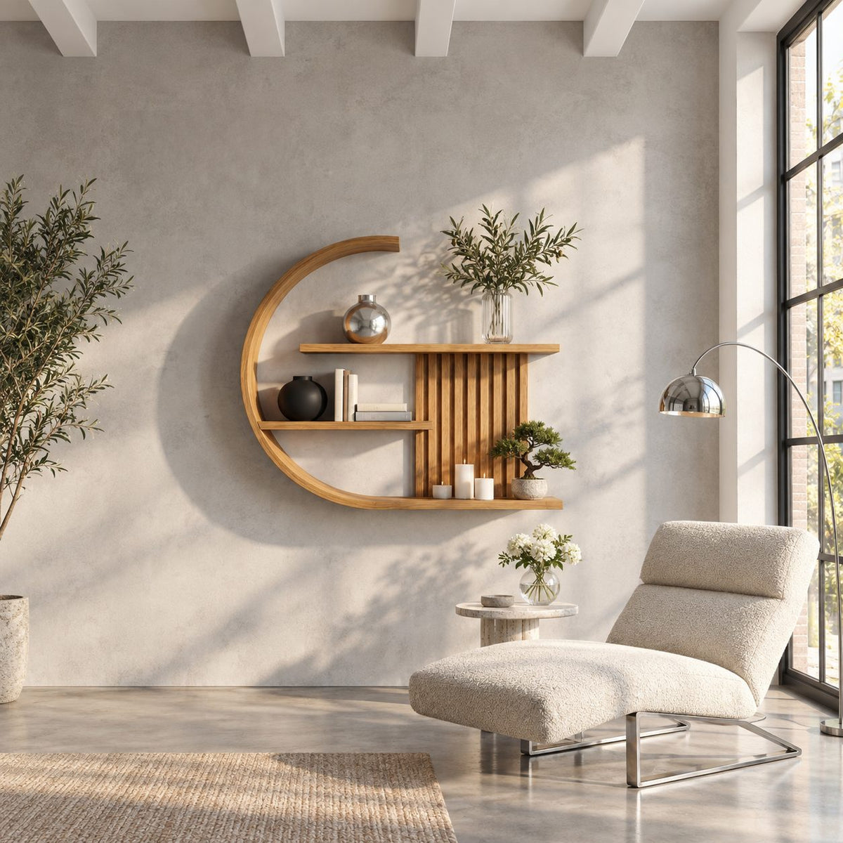 Crescent Moon Wall Shelf, Japandi Solid Wood C Shaped Display Shelf with Slatted Back and Three Shelves