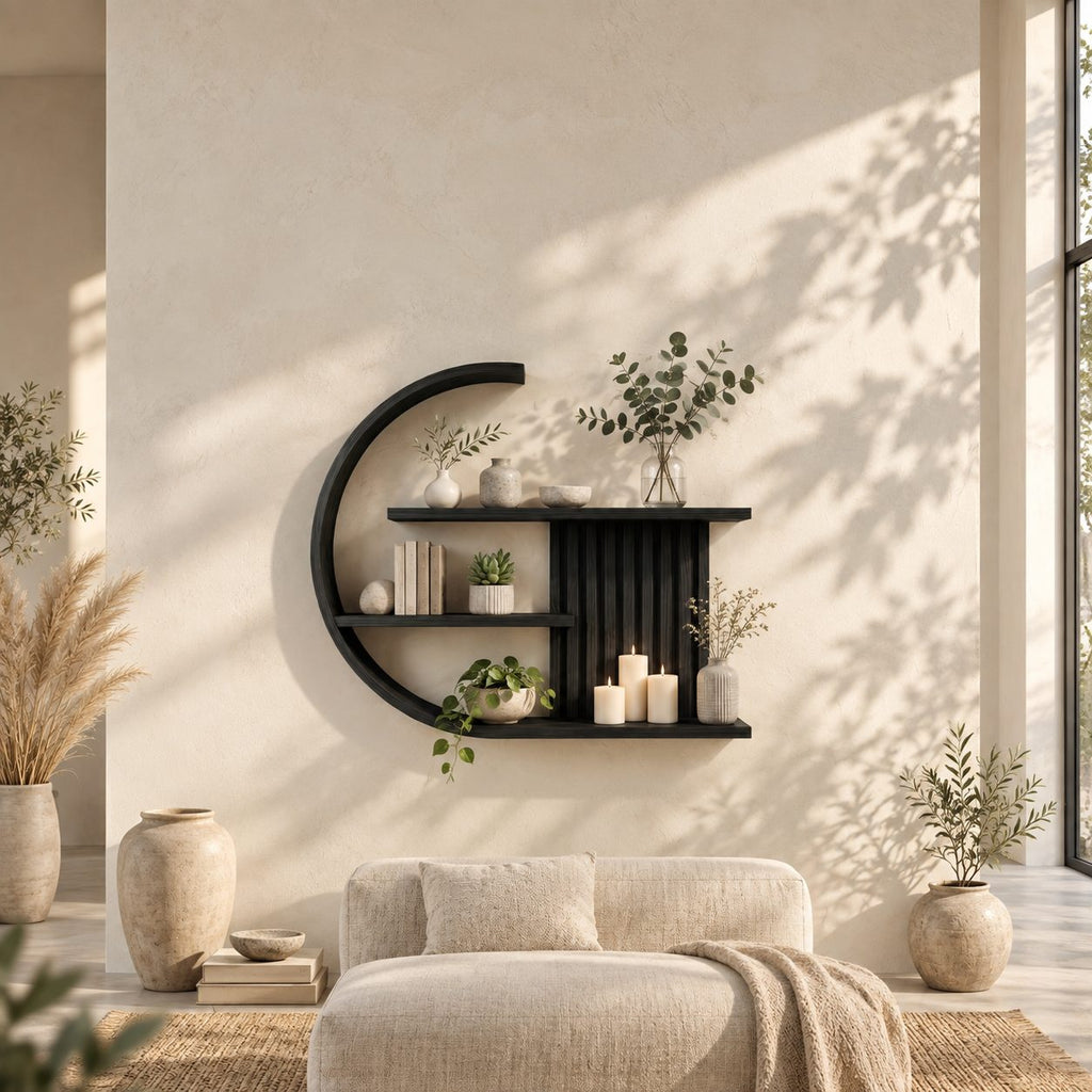 Crescent Moon Wall Shelf, Japandi Solid Wood C Shaped Display Shelf with Slatted Back and Three Shelves