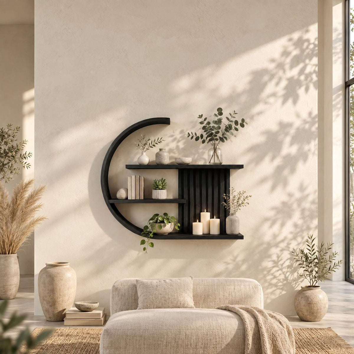 Crescent Moon Wall Shelf, Japandi Solid Wood C Shaped Display Shelf with Slatted Back and Three Shelves