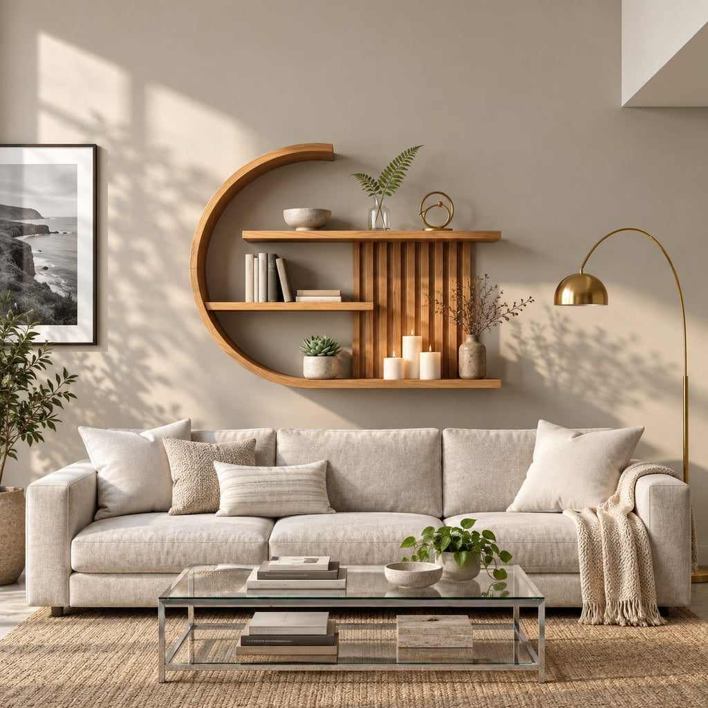 Crescent Moon Wall Shelf, Japandi Solid Wood C Shaped Display Shelf with Slatted Back and Three Shelves
