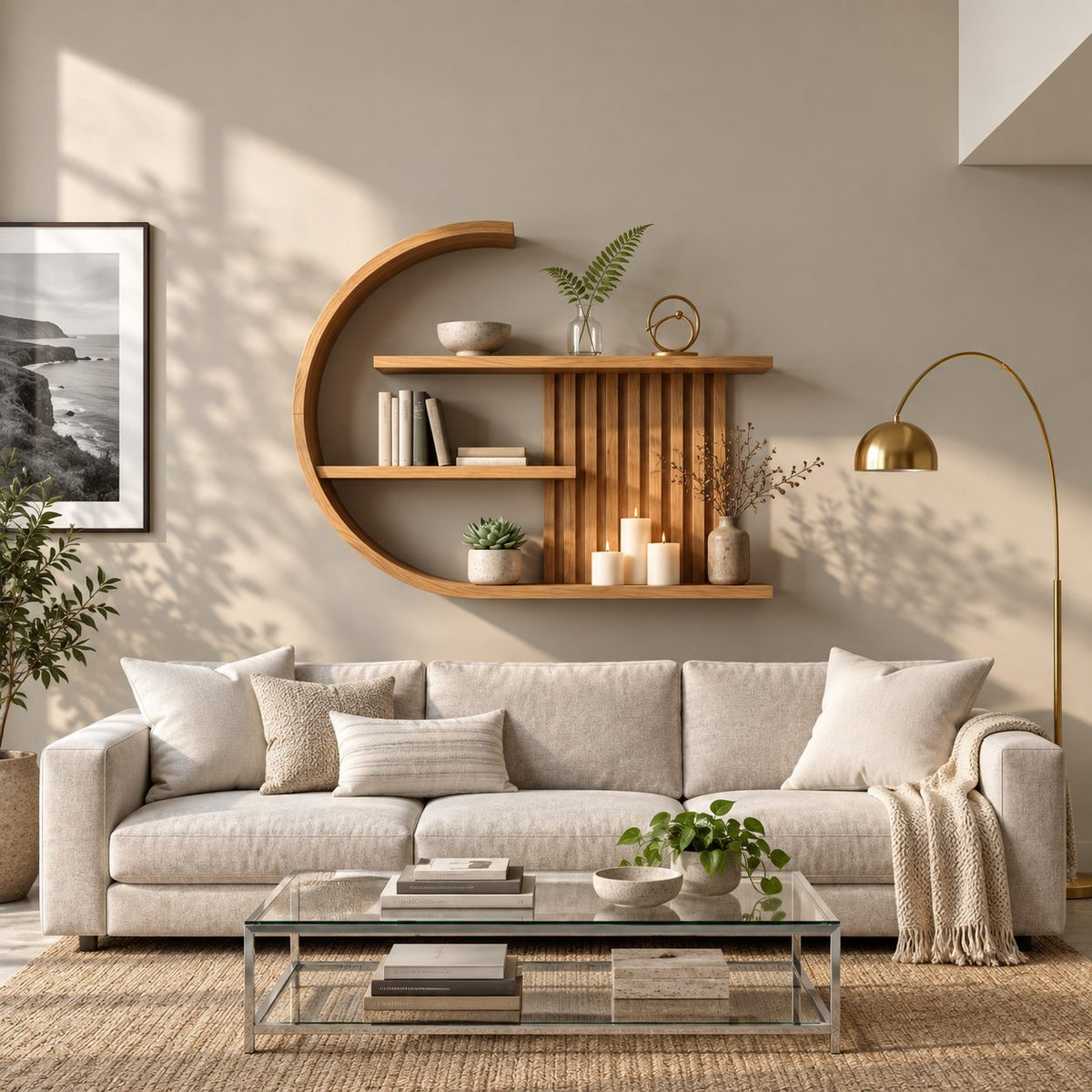 Crescent Moon Wall Shelf, Japandi Solid Wood C Shaped Display Shelf with Slatted Back and Three Shelves