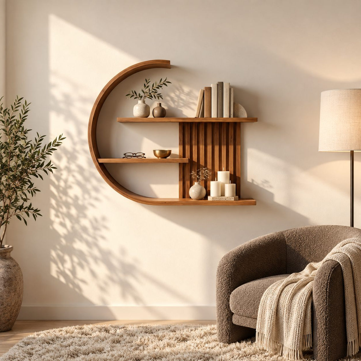 Crescent Moon Wall Shelf, Japandi Solid Wood C Shaped Display Shelf with Slatted Back and Three Shelves