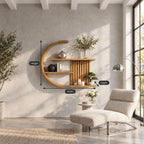 Crescent Moon Wall Shelf, Japandi Solid Wood C Shaped Display Shelf with Slatted Back and Three Shelves
