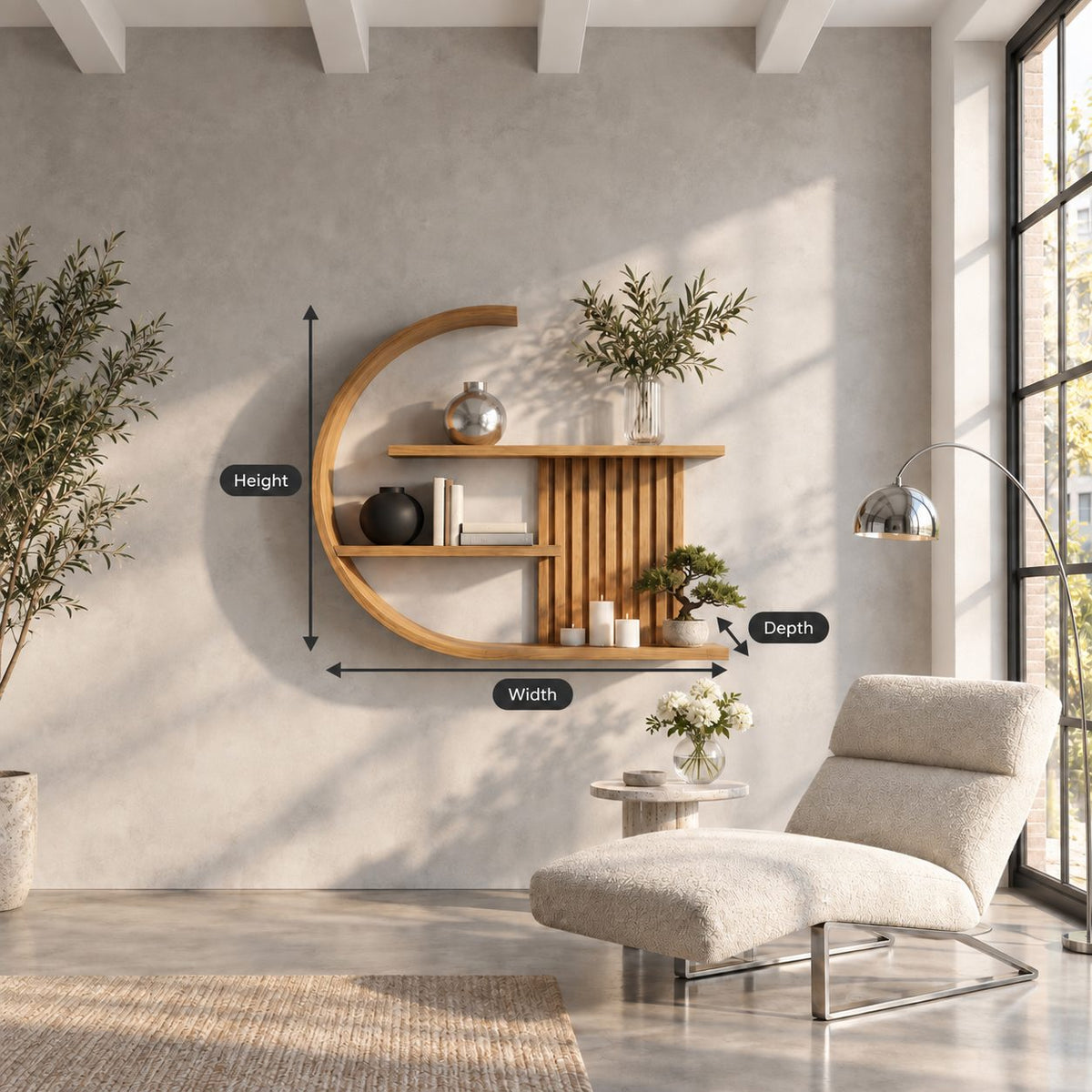 Crescent Moon Wall Shelf, Japandi Solid Wood C Shaped Display Shelf with Slatted Back and Three Shelves