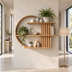 Ring Frame Japandi Display Shelf, Solid Wood Open Circle Wall Shelf with Fluted Column and Three Shelves