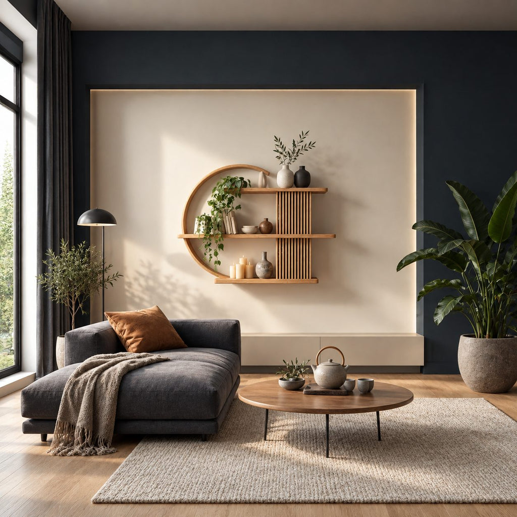 Ring Frame Japandi Display Shelf, Solid Wood Open Circle Wall Shelf with Fluted Column and Three Shelves