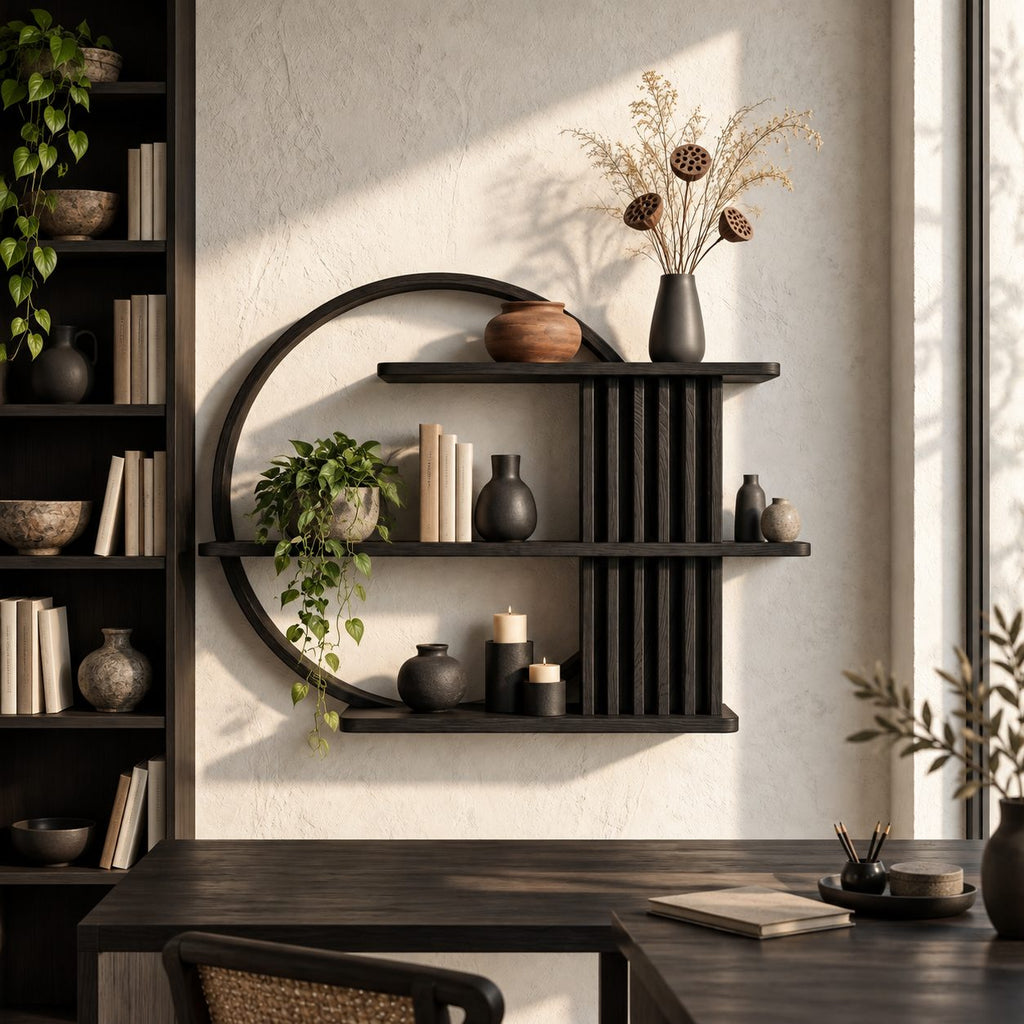 Ring Frame Japandi Display Shelf, Solid Wood Open Circle Wall Shelf with Fluted Column and Three Shelves