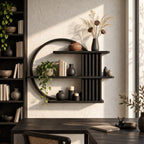 Ring Frame Japandi Display Shelf, Solid Wood Open Circle Wall Shelf with Fluted Column and Three Shelves