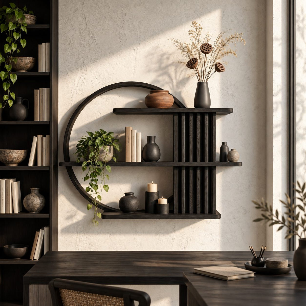 Ring Frame Japandi Display Shelf, Solid Wood Open Circle Wall Shelf with Fluted Column and Three Shelves