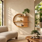 Ring Frame Japandi Display Shelf, Solid Wood Open Circle Wall Shelf with Fluted Column and Three Shelves