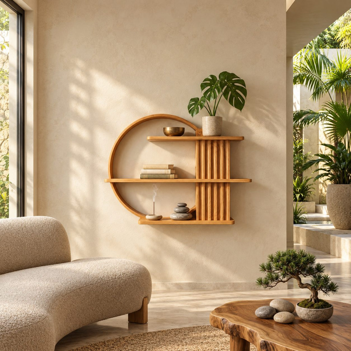 Ring Frame Japandi Display Shelf, Solid Wood Open Circle Wall Shelf with Fluted Column and Three Shelves