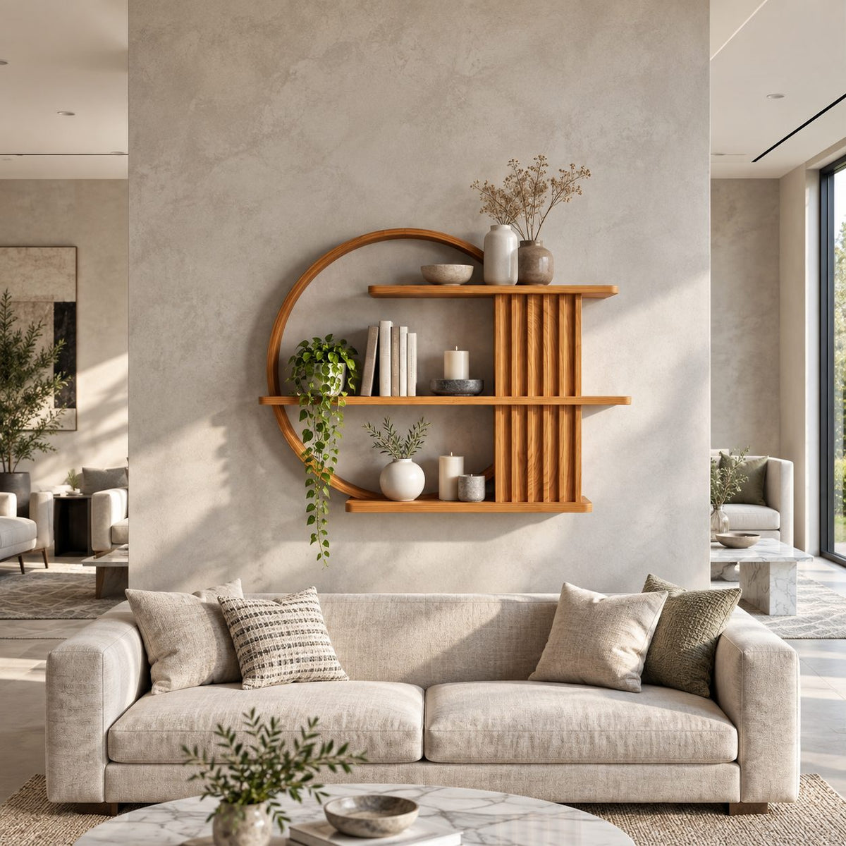 Ring Frame Japandi Display Shelf, Solid Wood Open Circle Wall Shelf with Fluted Column and Three Shelves