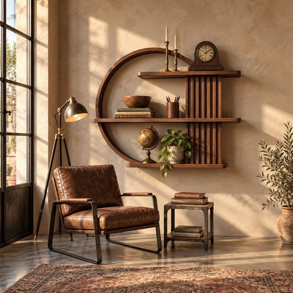 Ring Frame Japandi Display Shelf, Solid Wood Open Circle Wall Shelf with Fluted Column and Three Shelves